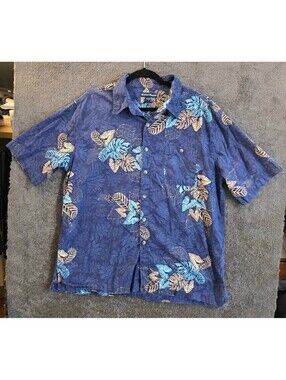 West Marine Top Men Sz XL Blue Tropical Leaf-Print Hawaiian Shirt Chest Pocket